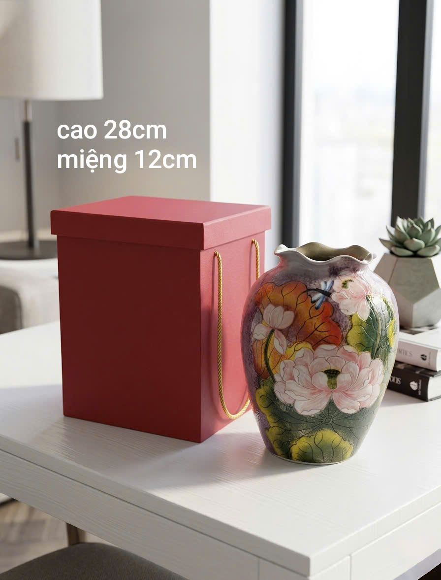 Bình hoa quà tặng vẽ sen thủ công