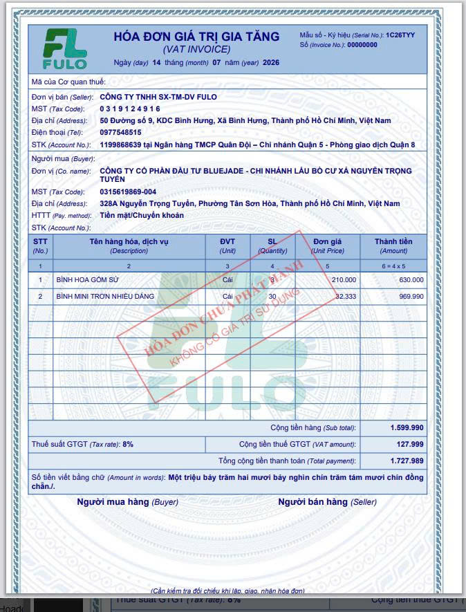 Nơi bán bình hoa có xuất hóa đơn VAT